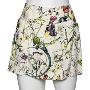 Pre Owned Gucci Cream Floral Printed Cotton Pleated Mini Skirt M