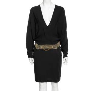 Pre Owned فستان غوتشي حرير أسود رقبة حرف في خصر مزين جواهر وسلسلة مقاس وسط ( ميديوم )