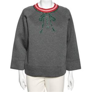 Pre Owned Gucci Grey Neoprene Bow Embellished Crewneck Sweater M