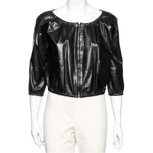 Pre Owned Gucci Black Leather Elasticized Hem Detail Zip Front Jacket M 