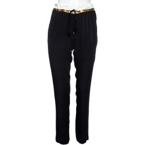 Pre Owned Gucci Black Silk and Leather Trim Drawstring Trouser M