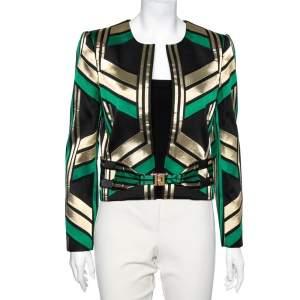 Pre Owned Gucci Green And Metallic Jacquard Long Sleeve Belted Box Jacket M