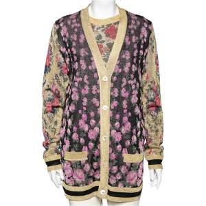 Pre Owned Gucci Multicolor Floral Intarsia Lurex Knit Tank Top & Reversible Cardigan M
