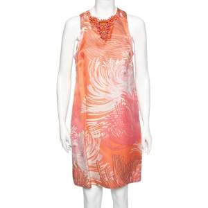 Pre Owned Gucci Pink Printed Silk Embellished Neck Detail Shift Dress M