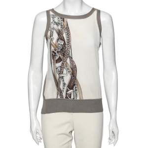 Pre Owned Gucci Grey and White Chain Printed Silk Sleeveless Top M