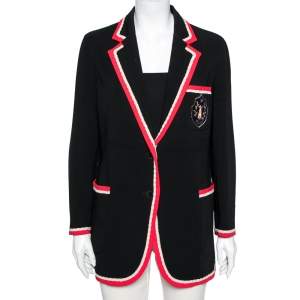 Pre Owned Gucci Black Crepe Fox Badge Contrast Trim Detail Blazer M
