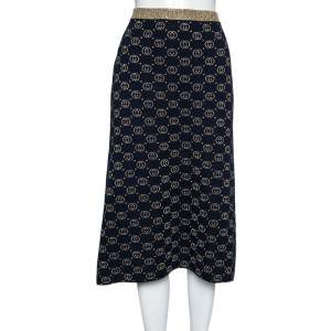 Pre Owned Gucci Navy Blue & Gold GG Lurex Jacquard Midi Skirt XS