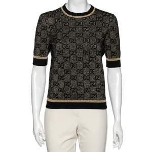 Pre Owned Gucci Gold & Black GG Lurex Jacquard Wool Jumper S