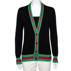 Pre Owned Gucci Black Wool Front Button Web Trim Lurex Long Sleeve Sweater S