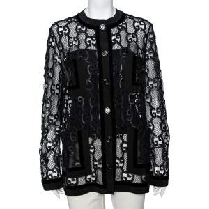 Pre Owned Gucci Black Mesh Laser Cut GG Long Sleeve Button Front Jacket M