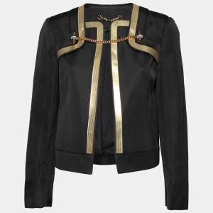Pre Owned Gucci Black Silk & Leather Trimmed Chain Embellished Jacket M