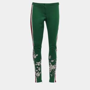 Pre Owned Gucci Green Jersey Knit Floral Embroidered Stirrup Leggings S