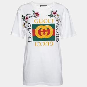 Gucci White Logo Printed & Embroidered Cotton Distressed T-Shirt XS