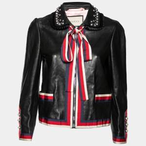 Gucci Black Leather Web Detail Trim Bow Tie Studded Collar Jacket M