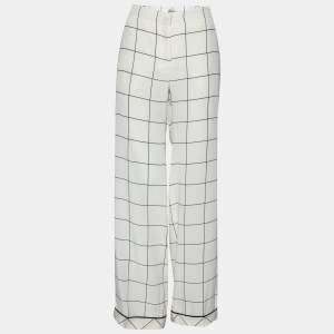 Pre Owned Valentino White and Black Windowpane Check Printed Silk Trousers L
