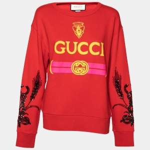 Pre Owned Gucci Red Knit Logo and Sequin Embellished Sweater XS
