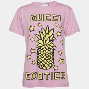Gucci Pink Pineapple Printed Cotton Crew Neck Short Sleeve Top XS