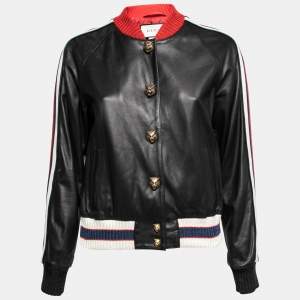 Gucci Black Leather Hollywood Embroidered Bomber Jacket M