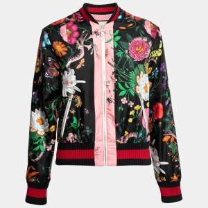 Pre Owned Gucci Black Floral Printed Silk Bomber Jacket S