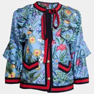 Pre Owned Gucci Blue Floral Printed Silk Ruffle Detail Button Front Jacket M