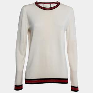 Pre Owned Gucci Cream Wool Rib Knit Lurex Trimmed Crewneck Sweater XL