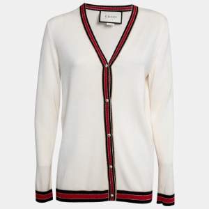 Pre Owned Gucci Cream Wool Lurex Web Stripe Trimmed Button Front Cardigan XL