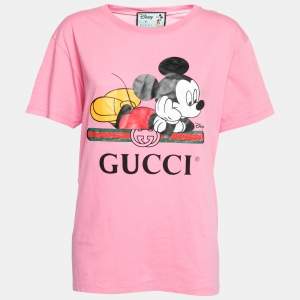 Pre Owned Gucci X Disney Pink Logo Printed Cotton Crewneck T-Shirt M