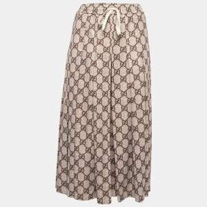 Pre Owned Gucci Brown GG Printed Jersey Pleated Midi Skirt XS