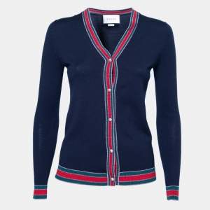 Pre Owned Gucci Navy Blue Wool & Lurex Web Stripe Trimmed Button Front Cardigan S