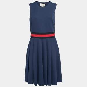 Pre Owned Gucci Navy Blue Jersey Web Stripe Detailed Pleated Dress XL
