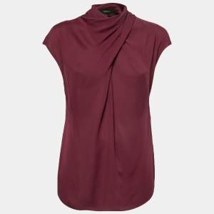 Pre Owned Gucci Burgundy Silk Sleeveless High Neck Top Blouse S