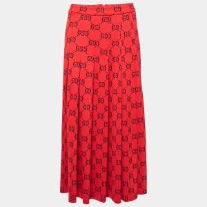 Pre Owned Gucci Red GG Jacquard Cotton Pleated Maxi Skirt M