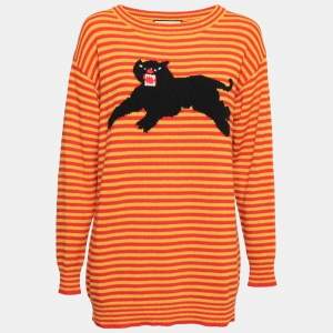 Pre Owned Gucci Red & Yellow Striped Panther Intarsia Knit Wool Jumper XS