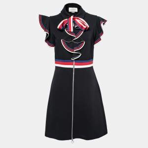 مملوكة مسبقًا Gucci Black Stretch Jersey Sylvie Web Trim Ruffled Dress XL