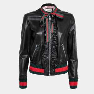 Pre Owned Gucci Black Leather Ruffled Web Ribbon Bow Tie Bomber Jacket M