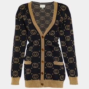 Pre Owned Gucci Black & Gold Lurex Knit Wool GG Button Front Cardigan XS