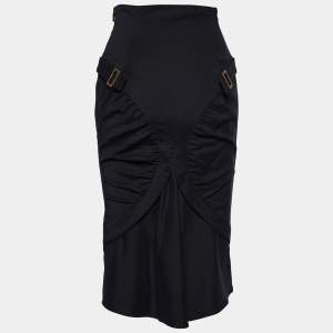 Pre Owned Gucci Black Cady Ruched Belt Detail Knee-Length Skirt S