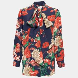 Pre Owned Gucci Dark Blue Floral Print Silk Tie-Neck Blouse M