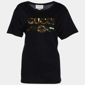 Pre Owned Gucci Black Cotton Logo & Tiger Sequined Crew Neck T-Shirt S