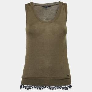 مملوكة مسبقًا Gucci Olive Green Knit Lace Trimmed Sleeveless Tank Top XS