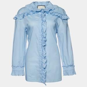 مملوكة مسبقًا Gucci Light Blue Cotton Ruffled Button Front Blouse L