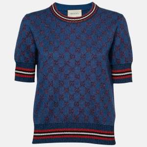 Pre Owned Gucci Blue GG Lurex jacquard Wool Round Neck Jumper L