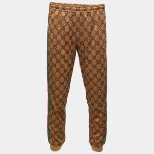 Pre Owned Gucci Light Brown GG Supreme Web Trim Track Pants S