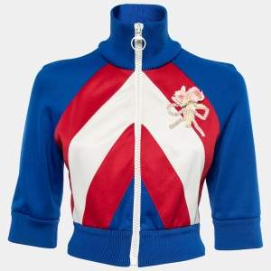 Pre Owned Gucci Blue Knit Guccy-Embroidered Cropped Zip-Front Jacket S   