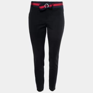 Pre Owned Gucci Black Stretch-Knit Contrast Trim Bow-Detail Skinny Pants M 