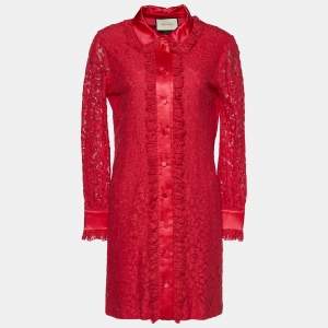 Pre Owned Gucci Pink Lace Ruffle Detail Button Front Dress M