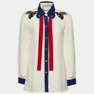 مملوكة مسبقًا Gucci Cream Silk Contrast Trim Neck Tie Detail Shirt M