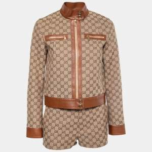 Gucci Brown GG Canvas Leather Trim Jacket & Shorts Set S  