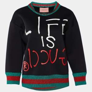 Pre Owned Gucci Black Life Is Gucci Cotton Metallic Web Trim Sweatshirt XS