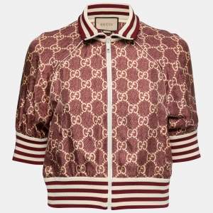 Pre Owned Gucci Burgundy GG Supreme Silk Zip-Front Jacket XS